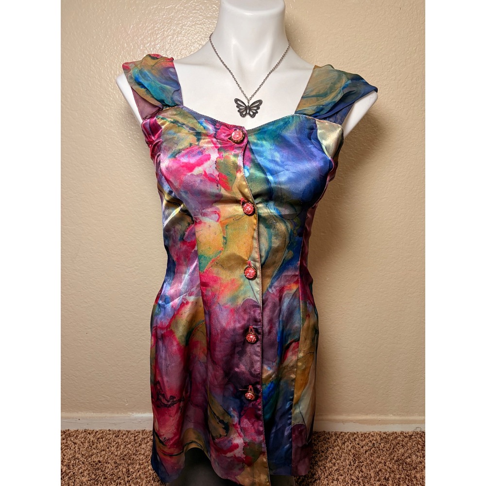 Y2K Knapp Studio Vintage Abstract Watercolor Button Front Mini Dress #7